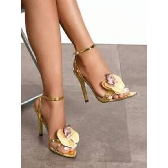 Stiletto Sandals For Women With Floral Stitch Detailing And Pointed Toe Elegant Black
